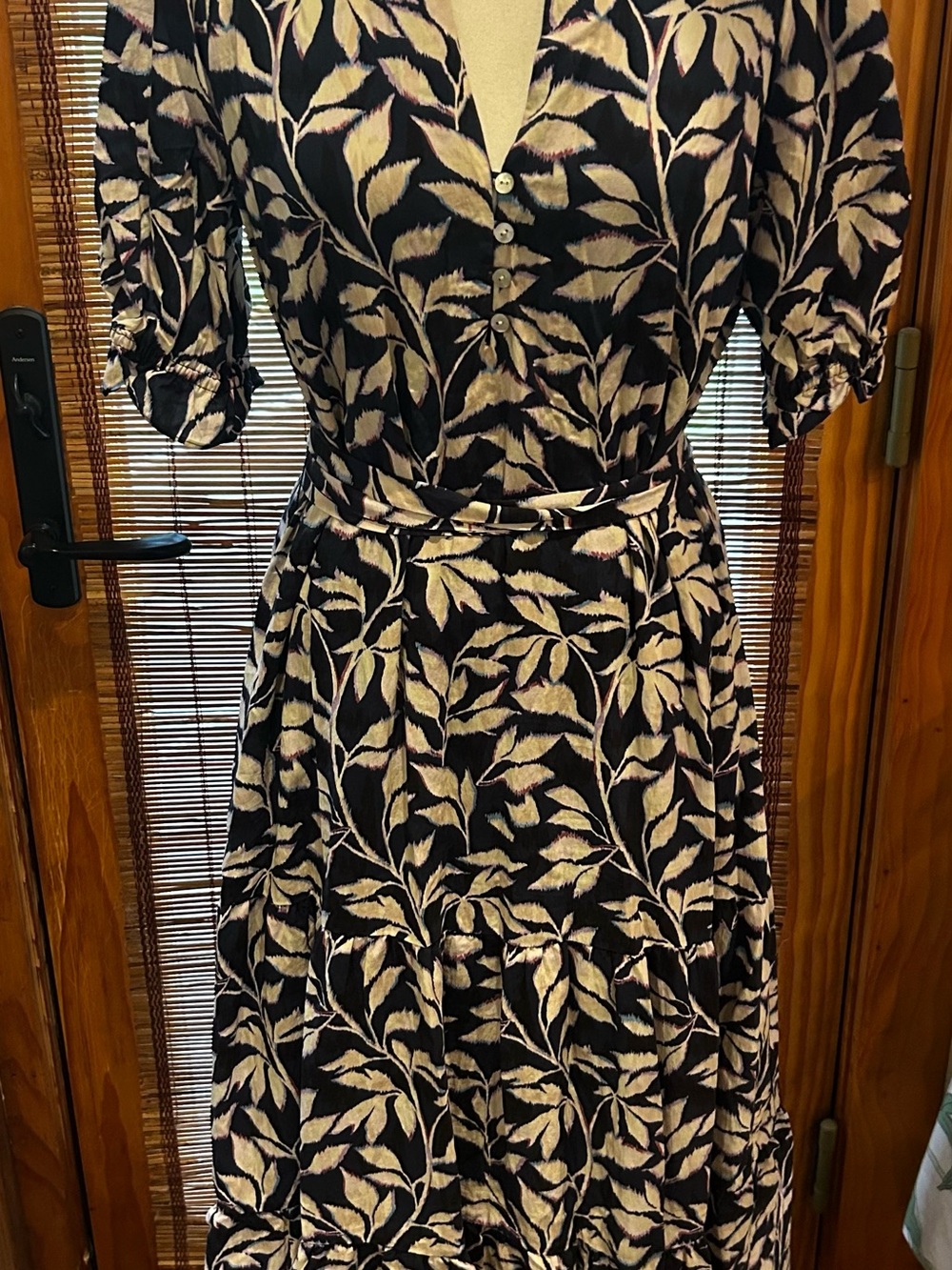 Rails Blue and Cream Eliana Leaf-Print Button-Front Midi Dress with Belt